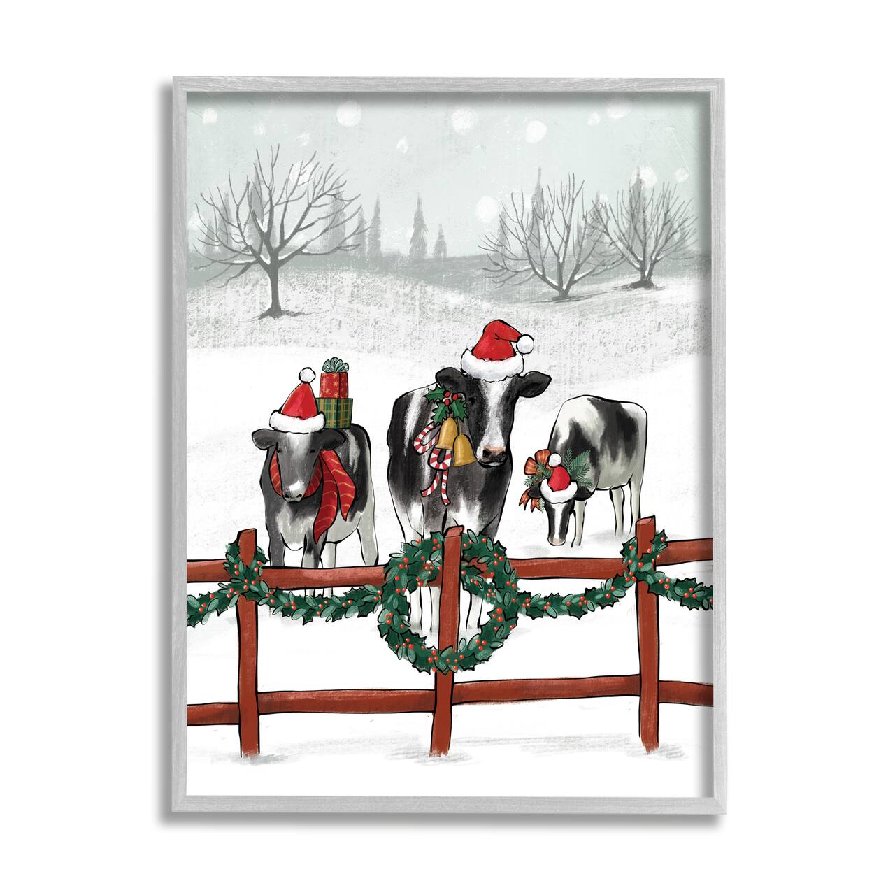 Stupell Industries Holiday Cows Farmland Fence Framed Giclee Art